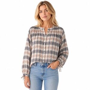 Faherty Ellicot Plaid Everleigh Cotton Boho Top Tie Sleeve Women's L NWT